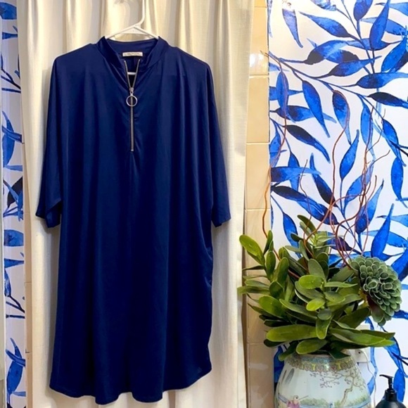 Zara Dresses & Skirts - NWOT Women’s ZARA TRAFALUC Shift Dress Slinky Knit 1/4 Front Zipper Navy Blue